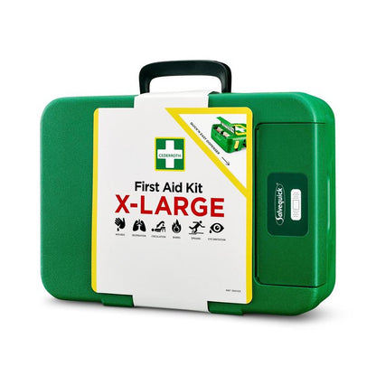Duży zielony plastikowy zestaw pierwszej pomocy Orkla Wound Care AB X-LARGE | Opakowanie (1 sztuka) z czarnym uchwytem, oznaczony napisem "First Aid Kit X-Large" i symbolami dla oddychania, resuscytacji, krążenia, zwichnięć i infekcji oczu - idealny na nagłe sytuacje.