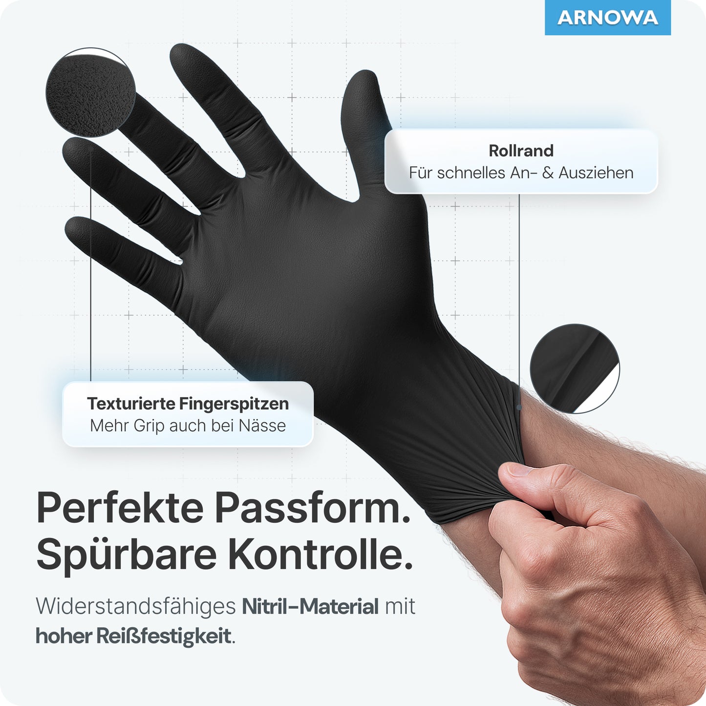 Ręka nosi jednorazowe rękawice ARNOMED NITRIL MIDNIGHT BLACK od ARNOWA GmbH, z informacjami o teksturowanych końcówkach palców, rolowanym mankiecie i wysokiej odporności na rozdarcie. Tekst podkreśla idealne dopasowanie, kontrolę i trwałe czarne rękawice nitrylowe odporne na rozdarcia.