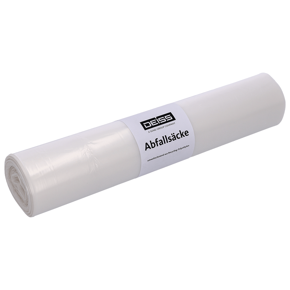 Na zdjęciu znajduje się opakowanie 25 worków na śmieci DEISS 39321 (700x1100 mm, typ 60, przezroczyste) firmy EMIL DEISS KG (GmbH + Co.) w przezroczystym plastikowym opakowaniu na jednolitym białym tle.
