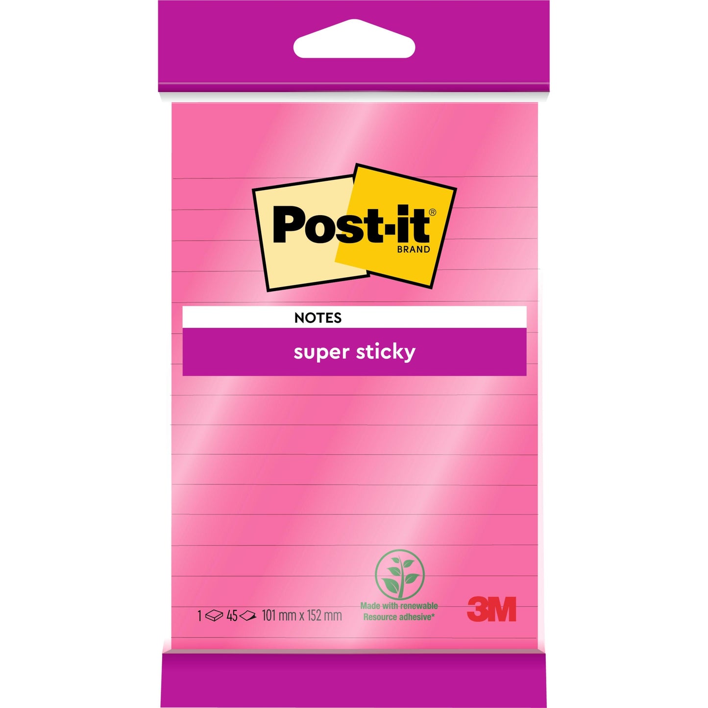 Pojedyncze opakowanie dużych karteczek samoprzylepnych Post-it® Super Sticky Notes, różowe, w linie (101 mm x 152 mm, 45 arkuszy) od 3M Deutschland GmbH. Zawiera logo Post-it, etykietę "super sticky" i logo 3M w prawym dolnym rogu. Certyfikat PEFC.