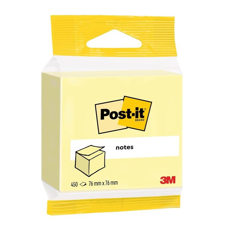 Kostka karteczek samoprzylepnych Post-it® od 3M Deutschland GmbH, żółta, 76x76 mm, 450 arkuszy na blok, pojedynczo pakowana. Zawiera logo Post-it i wykonana jest z papieru certyfikowanego przez PEFC w 100%.
