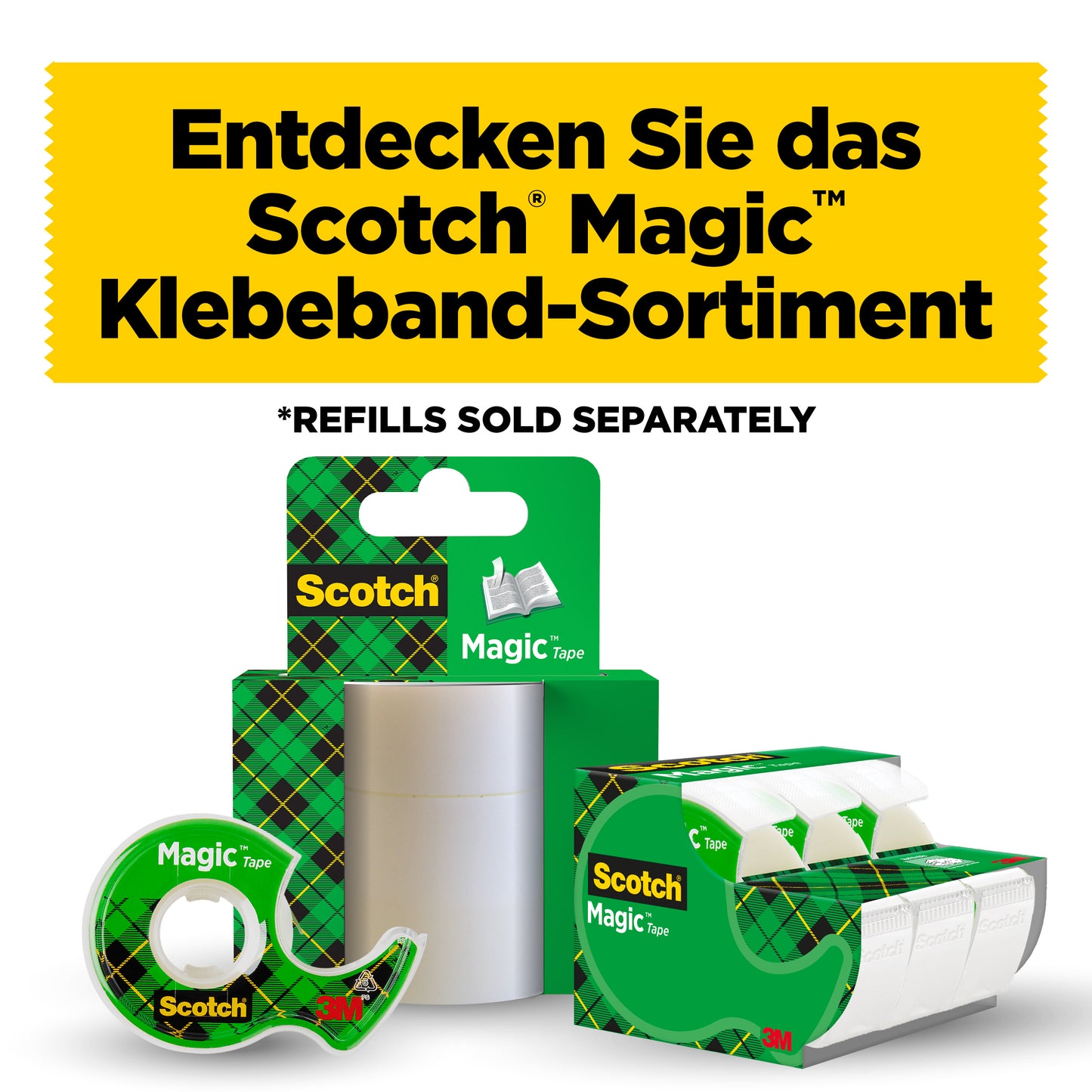 Deutscher Text: "Entdecken Sie das Sortiment Scotch® Magic™ Unsichtbares Klebeband von 3M Deutschland GmbH." Abgebildet sind drei Produkte, darunter die Nachfüllpackung 8-1925R3 (19 mm x 25 m, 3 Rollen/Packung). *NACHFÜLLPACKUNGEN SIND SEPARAT ERHÄLTLICH.