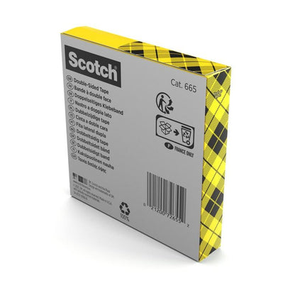 Pudełko taśmy dwustronnej Scotch®, 1 rolka (19 mm x 33 m) od 3M Deutschland GmbH pokazuje żółto-czarny wzór w kratkę, informacje o produkcie w kilku językach i symbole recyklingu - idealna do potrzeb artystycznych.