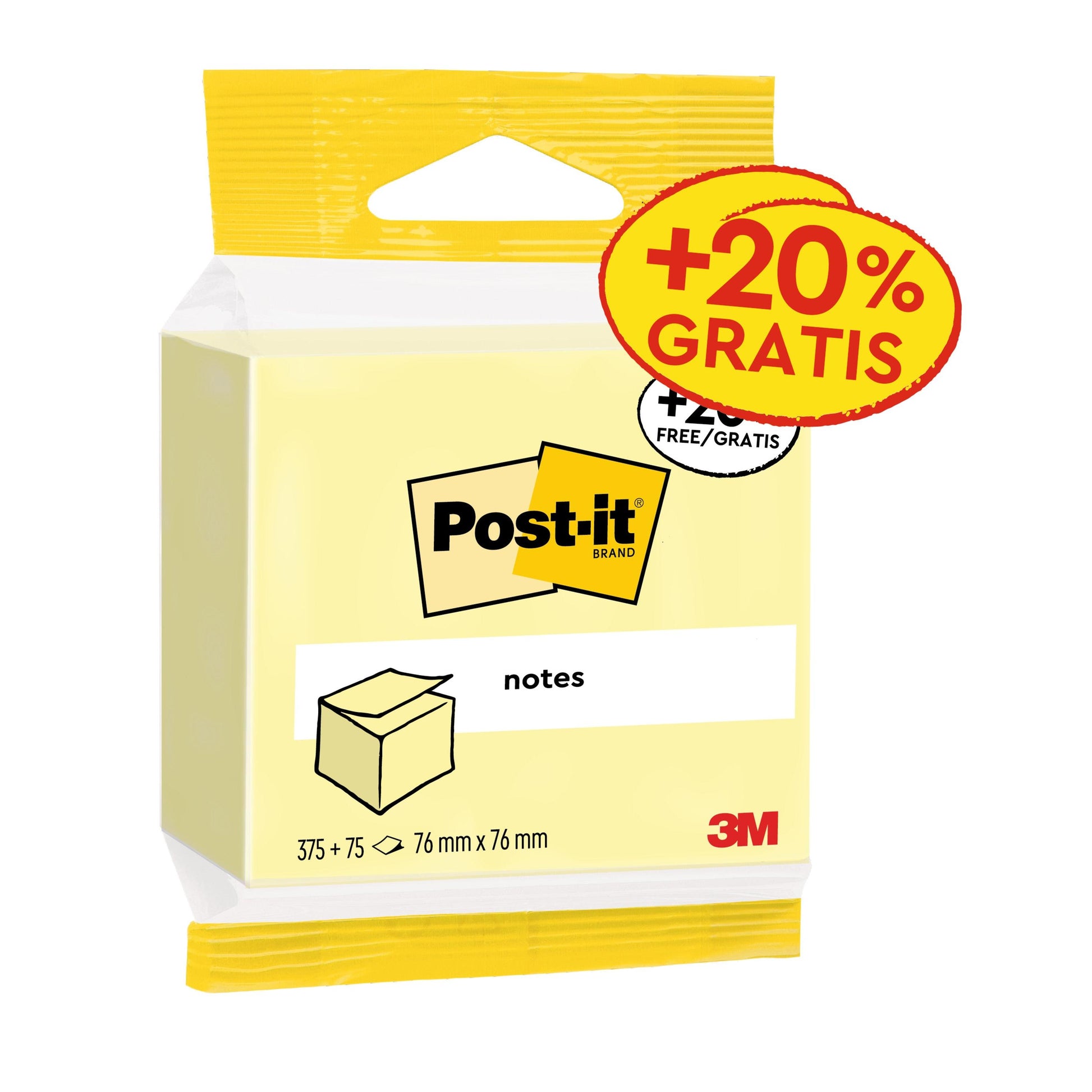 Eine Packung 3M Post-it® Notes, gelb, 76 x 76 mm, mit 450 Blatt pro Block und einem Aufkleber "+20% GRATIS". Mit dem Post-it-Logo und PEFC-Zertifizierung (SGSCH-PEFC-COC-110078). 1 Block pro Packung.