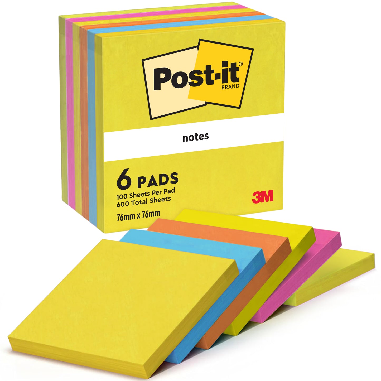 Sześciopak karteczek samoprzylepnych Post-it® Notes 76x76 mm z kolekcji Energetic od 3M Deutschland GmbH, z każdą kartką certyfikowaną przez PEFC (łącznie 600), posortowane kolorystycznie.