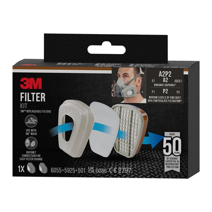 Pudełko zestawu filtrów 3M™ 6002-1 od 3M Deutschland GmbH pokazuje obrazy filtrów i użytkownika w masce, podkreśla ponad 50 lat doświadczenia w ochronie dróg oddechowych i oferuje ochronę A2P2 przed oparami organicznymi. Zawiera 2x6055, 2x5925 i 2x501.