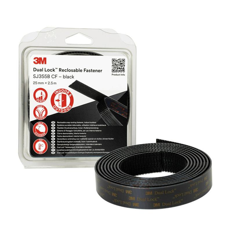 Elastyczny zatrzask 3M™ Dual Lock™ SJ355B, czarny, 25 mm x 2,5 m, 5,7 mm, 40 głów/cm², pakowany pojedynczo | Opakowanie (1 rolka)