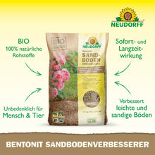 Worek 10 kg Neudorff Shop Bentonit SandbodenVerbesserer stoi pionowo na jasnej powierzchni. Opakowanie ozdobione jest różowymi różami i informacjami o produkcie, które podkreślają minerały ilaste do magazynowania składników odżywczych i poprawy piaszczystej gleby.