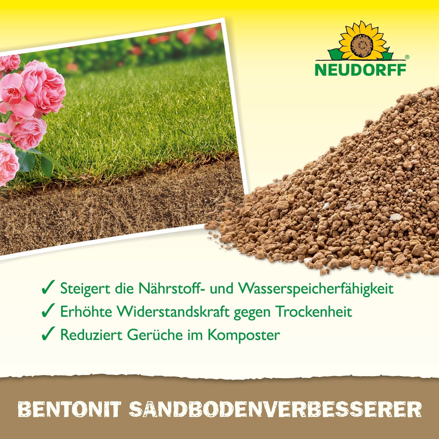 Reklama Neudorff Shop Bentonit SandbodenVerbesserer pokazuje zdrową trawę, ziemię, granulowane minerały ilaste, różowe kwiaty i niemiecki tekst, który podkreśla zalety magazynowania składników odżywczych.