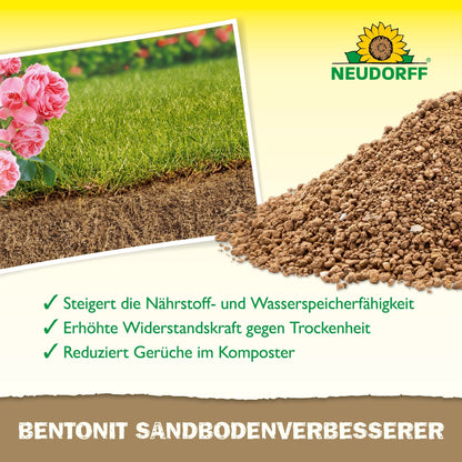 Reklama Neudorff Shop Bentonit SandbodenVerbesserer pokazuje zdrową trawę, ziemię, granulowane minerały ilaste, różowe kwiaty i niemiecki tekst, który podkreśla zalety magazynowania składników odżywczych.