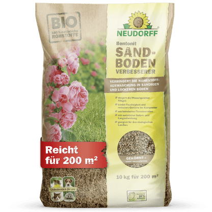 Worek 10 kg Neudorff Shop Bentonit SandbodenVerbesserer wystarcza na 200 m², jest idealny dla piaszczystych gleb i ma opakowanie z różowymi kwiatami oraz zbliżenie na zawartość bogatą w minerały.