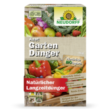 Nawóz ogrodowy Azet od Neudorff Shop, organiczny nawóz pełny z motywami warzyw, to prostokątne pudełko o wadze 1 kg, które podkreśla naturalne, organiczne składniki i długotrwałe działanie - idealne do nawożenia roślin.