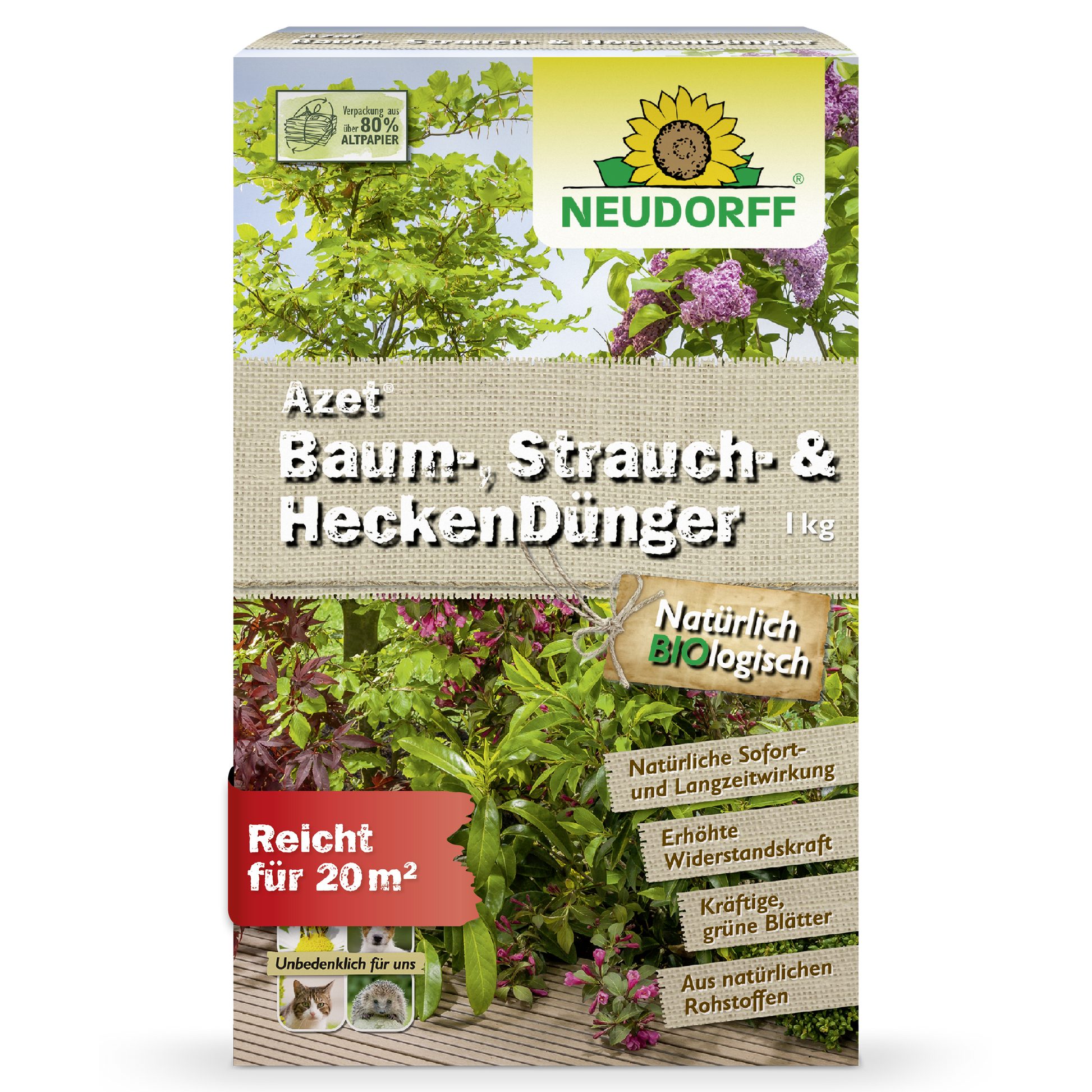 Azet Baum-, Strauch- & HeckenDünger (1kg) von Neudorff Shop, mit Abbildungen von grün- und rotblättrigen Gehölzen und übersichtlicher Produktinformation auf der Vorderseite - perfekt für Gartenfreunde.
