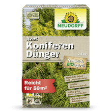 Pudełko Neudorff Shop Azet KoniferenDünger, 2,5 kg. Organiczny nawóz wzmacnia wiecznie zielone igły, wspomaga gęstą osłonę i wystarcza na powierzchnię do 50 m². Opakowanie przedstawia zielone gałęzie iglaków.