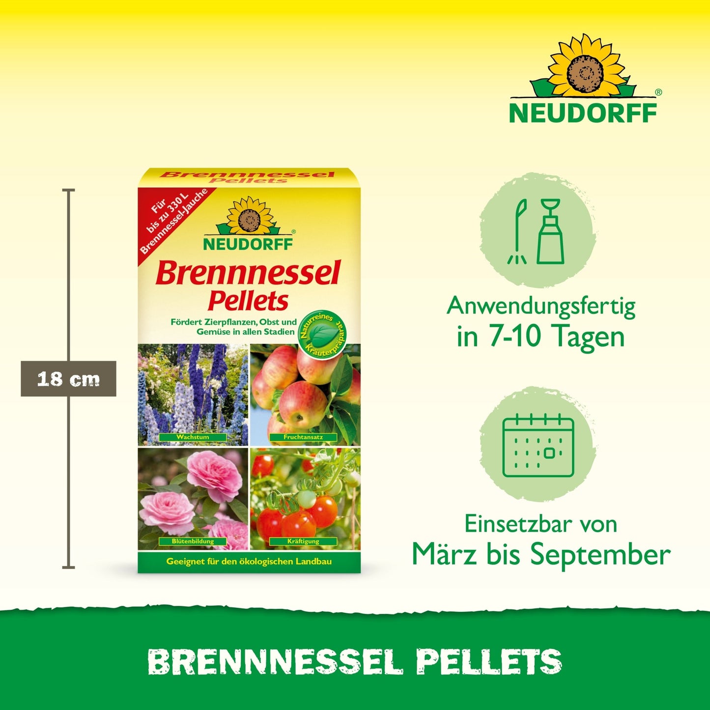 Przedstawione jest pudełko z Neudorff Shop Brennnessel Pellets (18 cm wielkości) z owocami, warzywami i kwiatami. Ten wszechstronny tonik roślinny jest idealny na marzec-wrzesień i gotowy w 7-10 dni.
