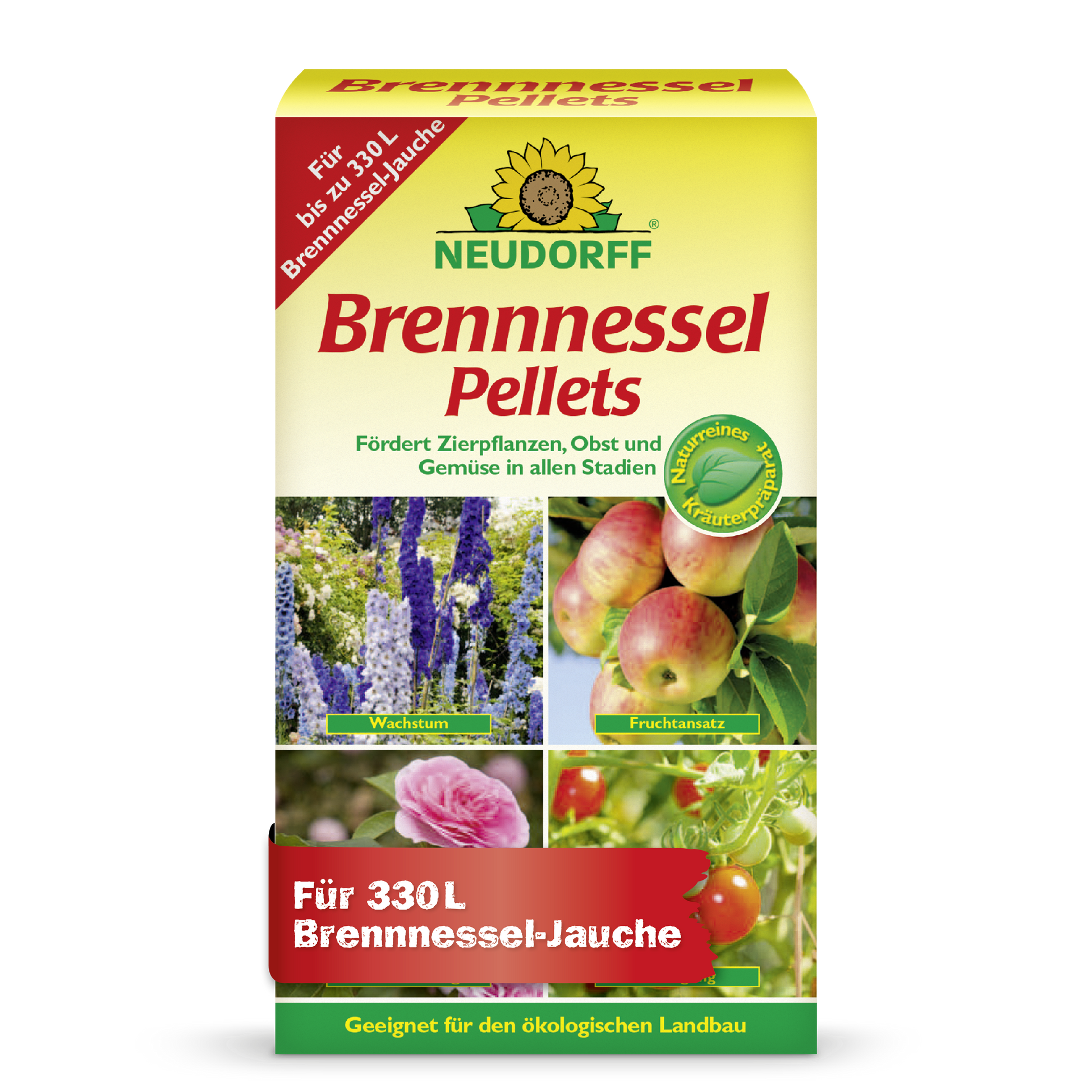 Neudorff Shop Brennnessel Pellets sind ein wirksames Pflanzenstärkungsmittel, das 330 L Brennnessel-Jauche zur Unterstützung des Wachstums von Zierpflanzen, Obst und Gemüse liefert. Die Verpackung zeigt Bilder von Blumen, Obst und Gemüse.