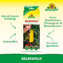 Eine rechteckige Schachtel mit der Aufschrift "Gelbtafeln (kleinformatig)" von Neudorff Shop zeigt eine gelbe Klebefalle zwischen Tomaten. Sie ist frei von Insektiziden, ideal für Gewächshäuser und Blumenfenster und richtet sich gegen Schädlinge wie Trauermücken und Weiße Fliegen.