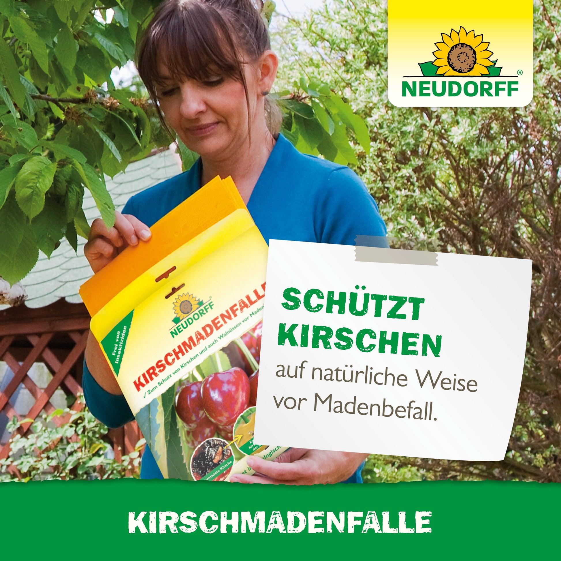 Eine Frau hält im Freien eine KirschmadenFalle von Neudorff Shop, um Kirschen vor der Kirschfruchtfliege zu schützen. Hinter ihr stehen ein Baum und eine Holzkonstruktion. Der deutsche Text erklärt die Verwendung für Kirschen.