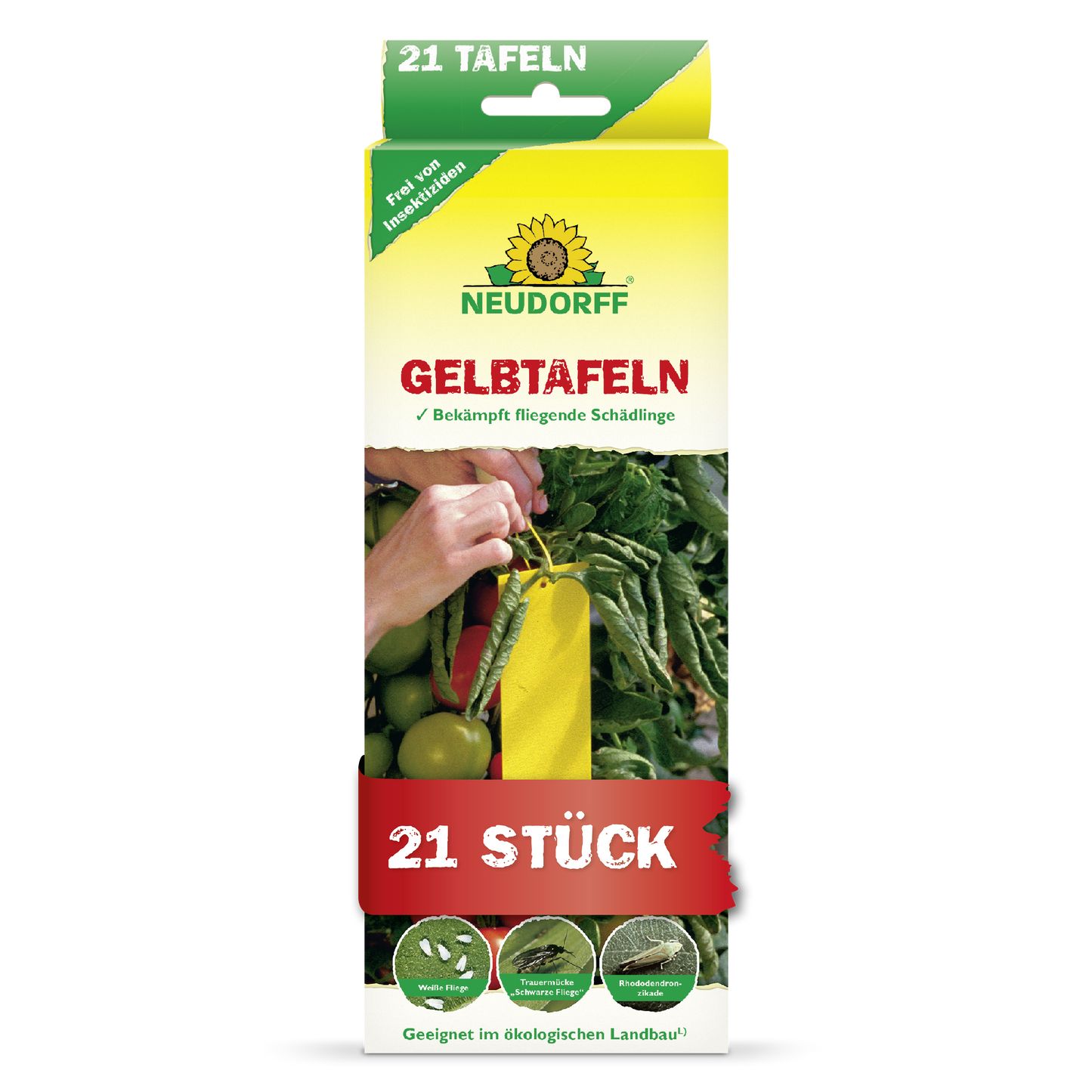 Eine rechteckige Schachtel von Neudorff Shop Gelbtafeln (kleinformatig) zeigt eine Hand, die eine gelbe Klebefalle zwischen Tomaten platziert. Die 21-teilige Packung kontrolliert Weiße Fliegen und Trauermücken und ist für den ökologischen Landbau geeignet.