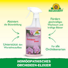 Pośrodku znajduje się butelka z rozpylaczem z homeopatycznym eliksirem do orchidei ze sklepu Neudorff. Tekst podkreśla zalety, takie jak wspomaganie kwitnienia, odnawianie korzeni i wzrost liści dla wszystkich orchidei. Na górze widoczne jest logo Neudorff.