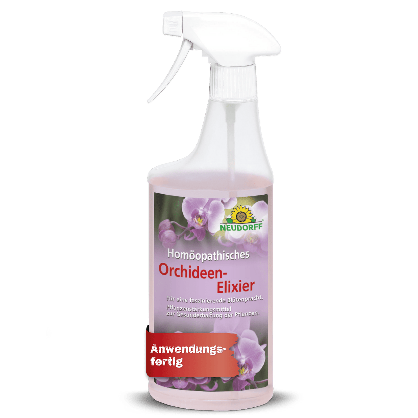 Biała butelka z rozpylaczem z przyciskiem z napisem "Homeopatyczny eliksir do orchidei" do pielęgnacji orchidei jest ozdobiona różowymi orchideami i logo sklepu Neudorff nad etykietą, które identyfikuje produkt jako środek do pielęgnacji roślin.