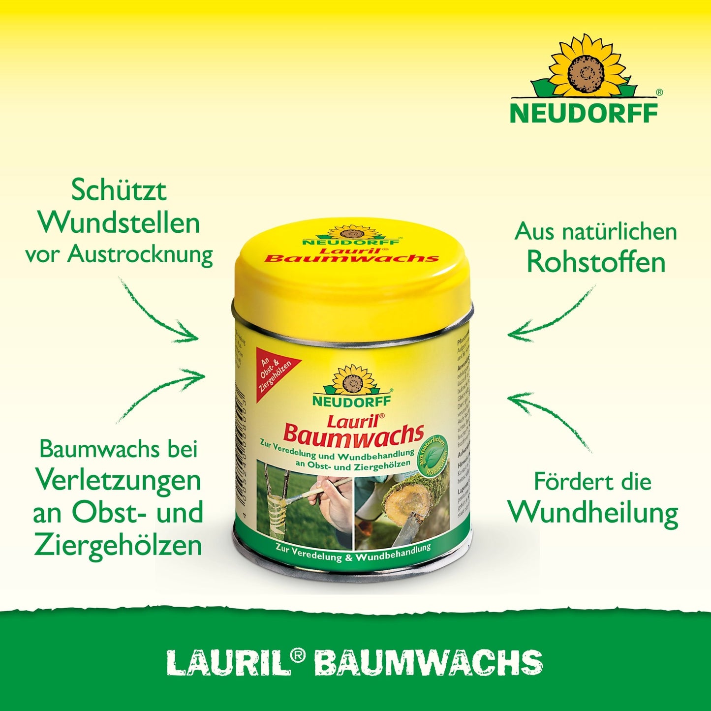 Przedstawiony jest żółto-zielony pojemnik "Lauril Baumwachs" od Neudorff Shop. Ten wosk roślinny chroni i leczy drzewa owocowe. Niemiecki tekst podkreśla naturalne składniki.