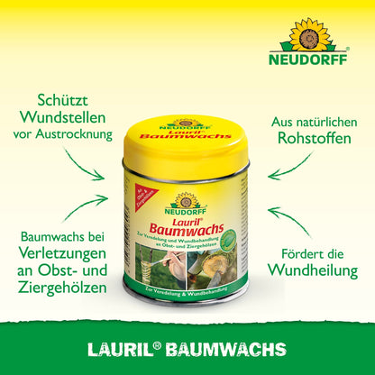 Przedstawiony jest żółto-zielony pojemnik "Lauril Baumwachs" od Neudorff Shop. Ten wosk roślinny chroni i leczy drzewa owocowe. Niemiecki tekst podkreśla naturalne składniki.
