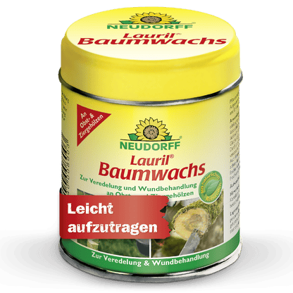 Żółta puszka Lauril Baumwachs od Neudorff Shop do pielęgnacji drzew i leczenia ran drzew owocowych i ozdobnych, z czerwoną etykietą z napisem "Łatwe do nałożenia".