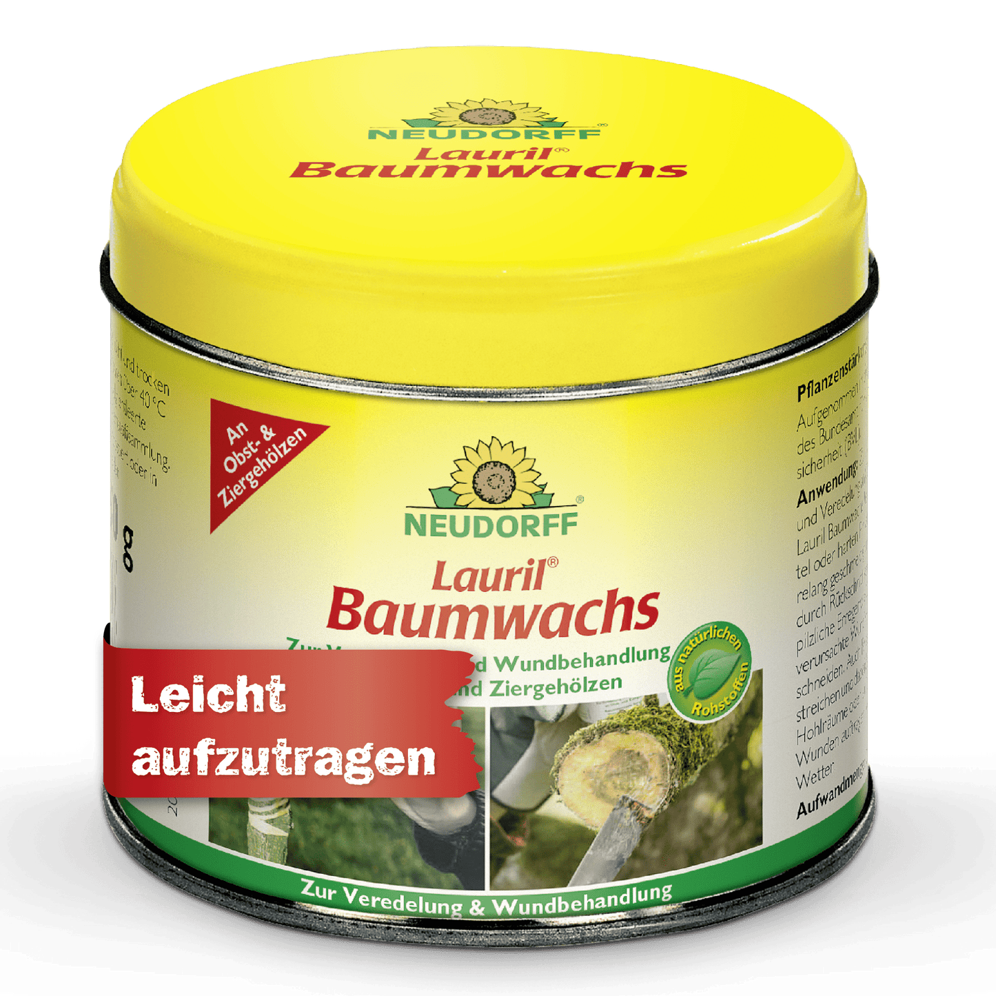 Żółto-zielona puszka Lauril Baumwachs od Neudorff Shop do leczenia ran drzew, roślin ozdobnych i drzew owocowych. Na etykiecie znajdują się zdjęcia drzew i niemiecki napis "Łatwe do nałożenia". Idealne do ran drzewnych.