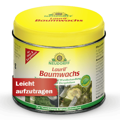 Żółto-zielona puszka Lauril Baumwachs od Neudorff Shop do leczenia ran drzew, roślin ozdobnych i drzew owocowych. Na etykiecie znajdują się zdjęcia drzew i niemiecki napis "Łatwe do nałożenia". Idealne do ran drzewnych.