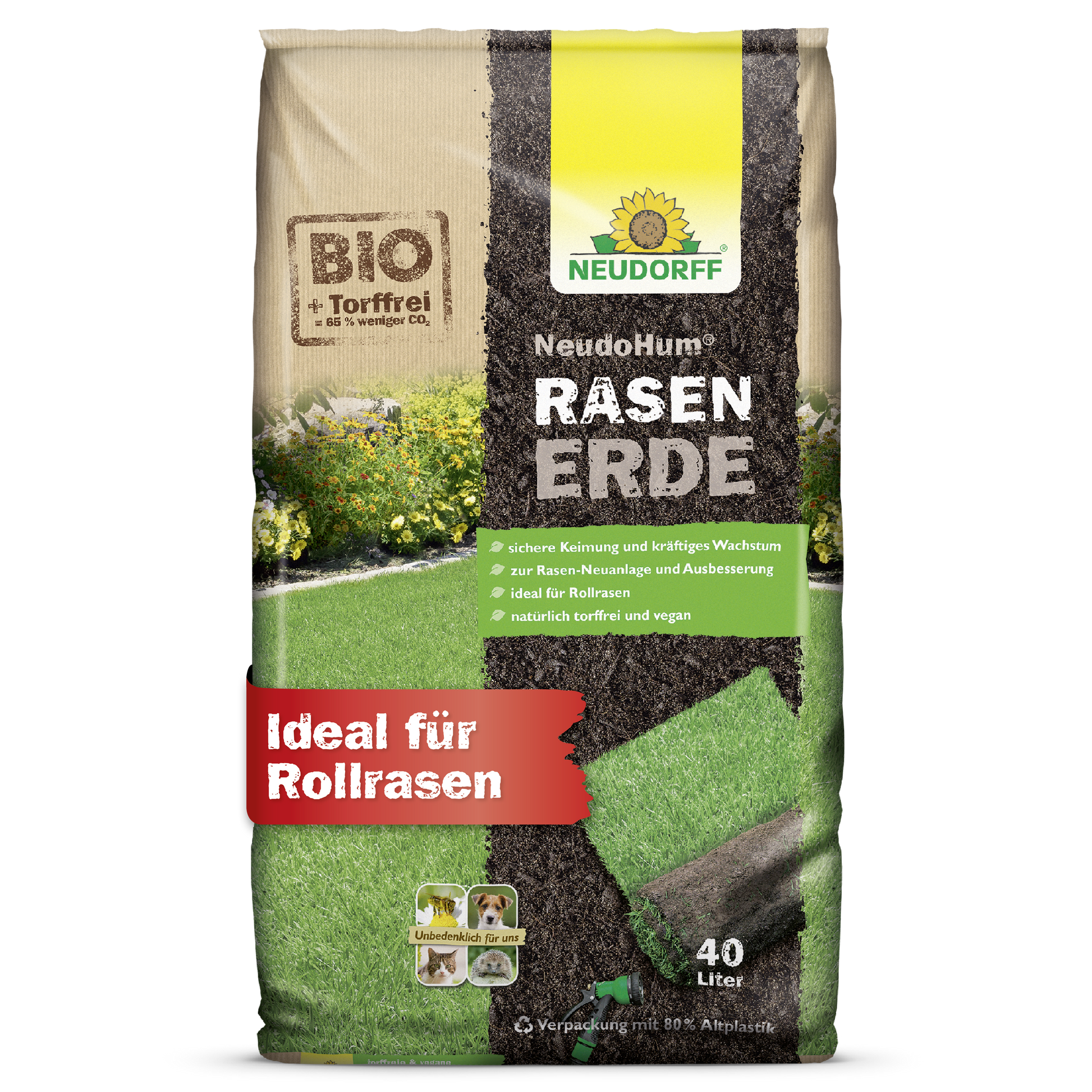 Der Neudorff Shop NeudoHum RasenErde ist eine 40L biologische, torffreie, vegane Rasenerde - ideal zum Anlegen von grünem Rasen oder Rollrasen, wie er auf der Rasenverpackung abgebildet ist. Perfekt für Rasenfläche und gesundes Wachstum.