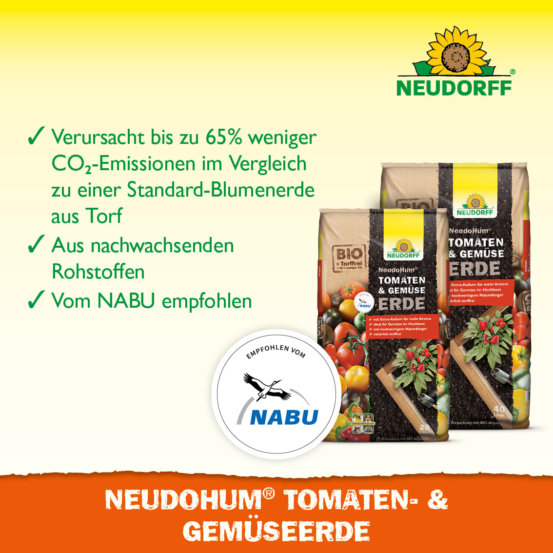 Eine Nahaufnahme der NeudoHum Tomaten- & GemüseErde aus dem Neudorff Shop, dem perfekten Pflanzsubstrat für Sommergemüse, das den Nährstoffbedarf Ihrer Pflanzen erfüllt.
