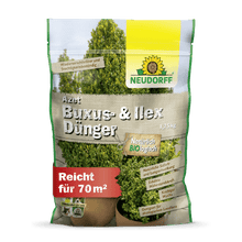 Worek 1,75 kg Neudorff Shop Azet Buxus- & IlexDünger stoi pionowo, a na opakowaniu widnieją zielone bukszpany i ostrokrzewy, z przodu są nadrukowane informacje o produkcie i zasięg 70 m².