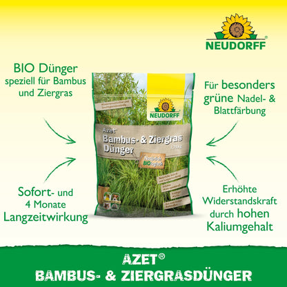 Na środku znajduje się torebka Neudorff Shop Azet Bambus- & ZiergrasDünger, z niemieckim tekstem o długotrwałym działaniu i bardziej zielonych liściach dla bambusa i ozdobnych traw na białym i zielonym tle.