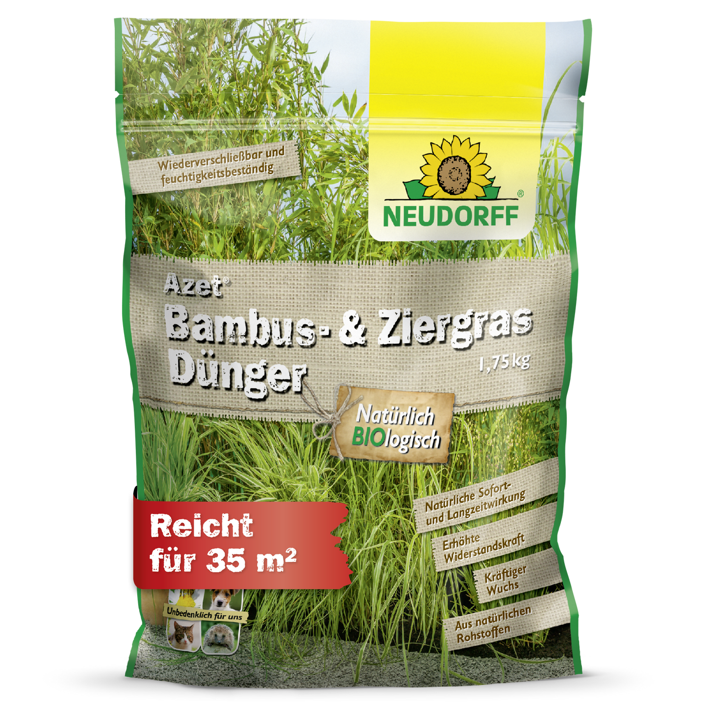 Azet Bambus- & ZiergrasDünger od Neudorff Shop: 1,75 kg dla traw w ogrodzie, składniki organiczne, wystarcza na 35 m². Zielono-żółte opakowanie z motywem trawy i bambusa sprawia, że stosowanie jest szczególnie łatwe.