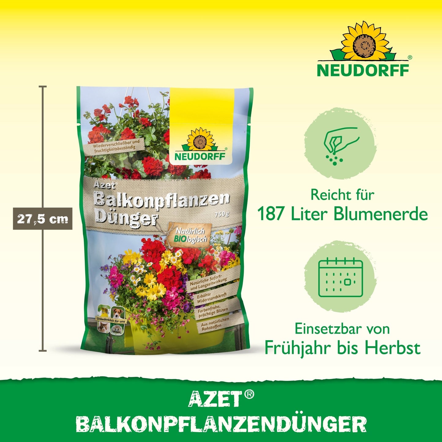Torebka z Neudorff Shop Azet BalkonpflanzenDünger stoi pionowo. Opakowanie pokazuje letnie kwiaty i szczegóły: 27,5 cm wysokości, odpowiednie dla 187 L ziemi w skrzynkach balkonowych, skuteczne od wiosny do jesieni.