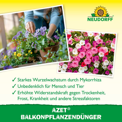 Osoba sadzi jaskrawe letnie kwiaty do doniczki. Obok widać zbliżenie kwitnących petunii. W tekście poniżej przedstawiono Azet BalkonpflanzenDünger z Neudorff Shop, organiczny nawóz pełny, idealny do skrzynek balkonowych.