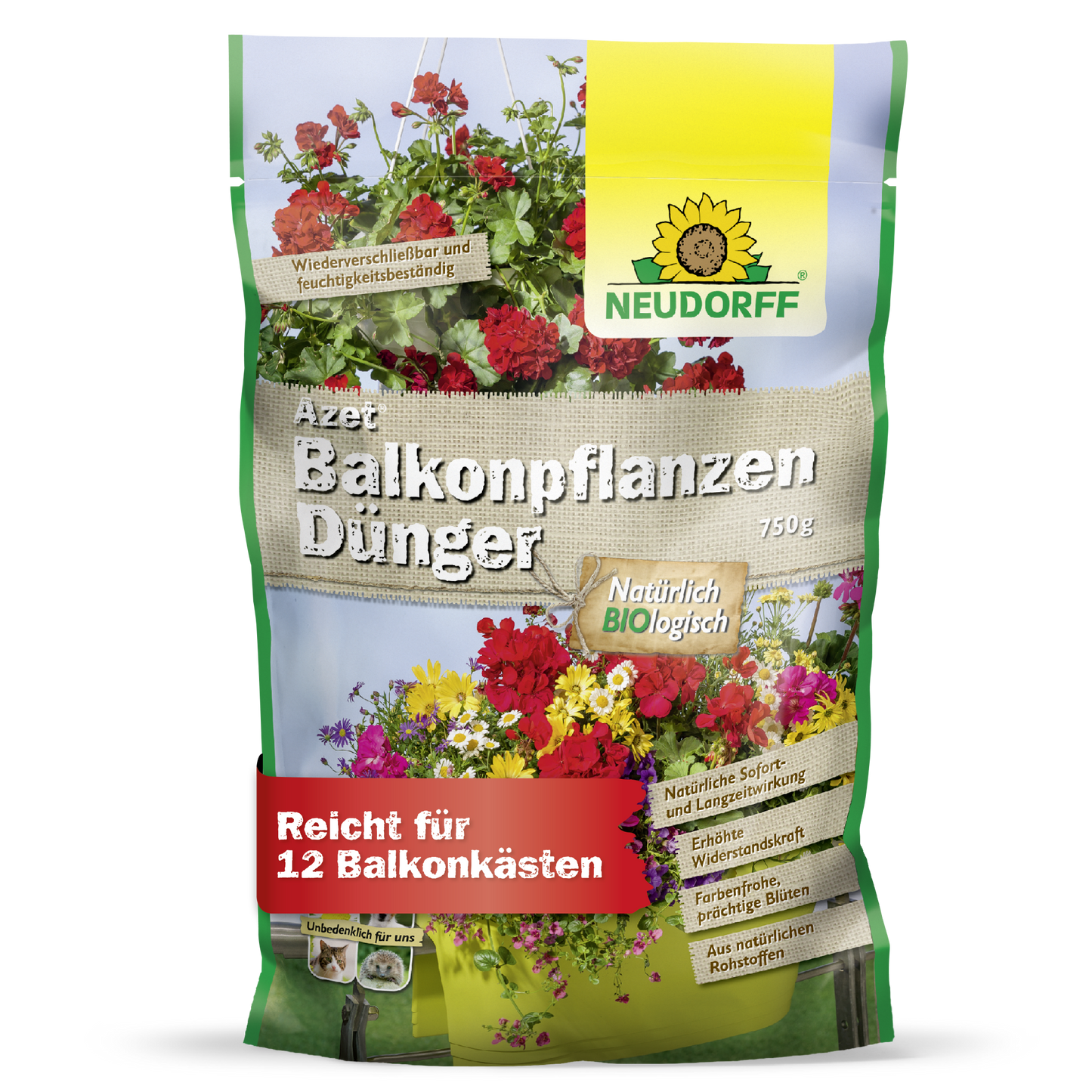 Azet BalkonpflanzenDünger od Neudorff Shop jest dostępny w 750g torbie z obrazkami letnich kwiatów, jest biologiczny i wystarcza na do 12 skrzynek balkonowych.
