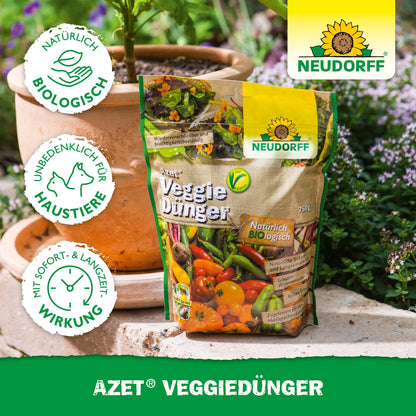 Torba Neudorff Shop Azet VeggieDünger stoi na drewnianej powierzchni na zewnątrz obok doniczki z terakoty z roślinami zielonymi. Na opakowaniu są obrazy warzyw i loga certyfikacyjne.