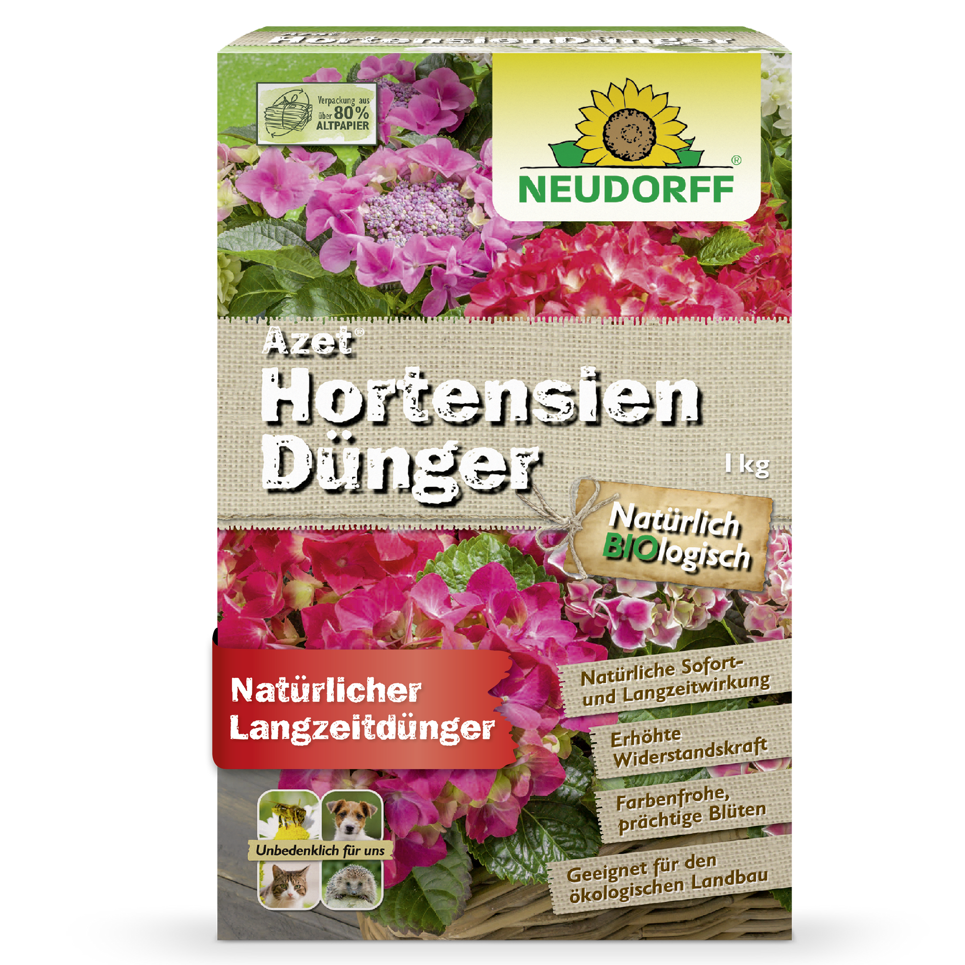 Eine 1 kg Kiste Azet HortensienDünger aus dem Neudorff Shop - ein natürlicher Dünger für Gartenhortensien. Die Verpackung zeigt bunte Hortensienblütenkugeln und Produktdetails in deutscher Sprache.