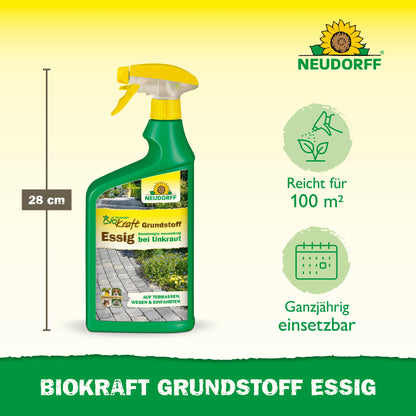Abgebildet ist eine 28 cm hohe Sprühflasche Neudorff BioKraft Grundstoff Essig aus dem Neudorff Shop, die 100 m² abdeckt und Terrassen und Wege unkrautfrei hält - perfekt für alle, die das ganze Jahr über unkrautfreie Terrassen haben wollen.