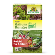 Azet KaliumDünger z Neudorff Shop to organiczny nawóz dla wszystkich roślin ogrodowych, zapobiega niedoborom potasu, pokrywa do 100 m² i pokazuje zdjęcia warzyw i kwiatów - idealny do nawożenia roślin.