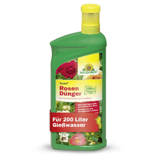 Zielona plastikowa butelka Azet RosenDünger płynny od Neudorff Shop, płynny nawóz do róż. Na etykiecie znajdują się róże i szczegóły produktu, a także informacja, że wystarcza na 200 litrów roztworu do podlewania dla optymalnej pielęgnacji róż.