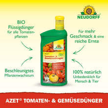Zielona butelka Neudorff Shop Azet Tomaten- & Gemüsedünger płynny jest przedstawiona z pomidorami, papryką i ogórkami na etykiecie. Niemiecki tekst podkreśla organiczny płynny nawóz i naturalne składniki dla warzyw balkonowych.