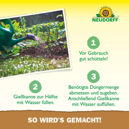Neudorff Shop Azet UniversalDünger płynny można rozcieńczyć w konewce, napełniając ją do połowy, dodając płynny nawóz, uzupełniając wodą i postępując zgodnie z niemiecką instrukcją dla idealnego stosunku składników odżywczych. Logo Neudorff pojawia się w prawym górnym rogu.