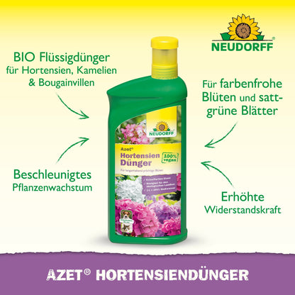 Zielona butelka płynnego nawozu do hortensji Neudorff Shop Azet z hortensjami na etykiecie i tekstem, który zachwala jego zalety jako organicznego nawozu dla żywych kwiatów i bujnego listowia.