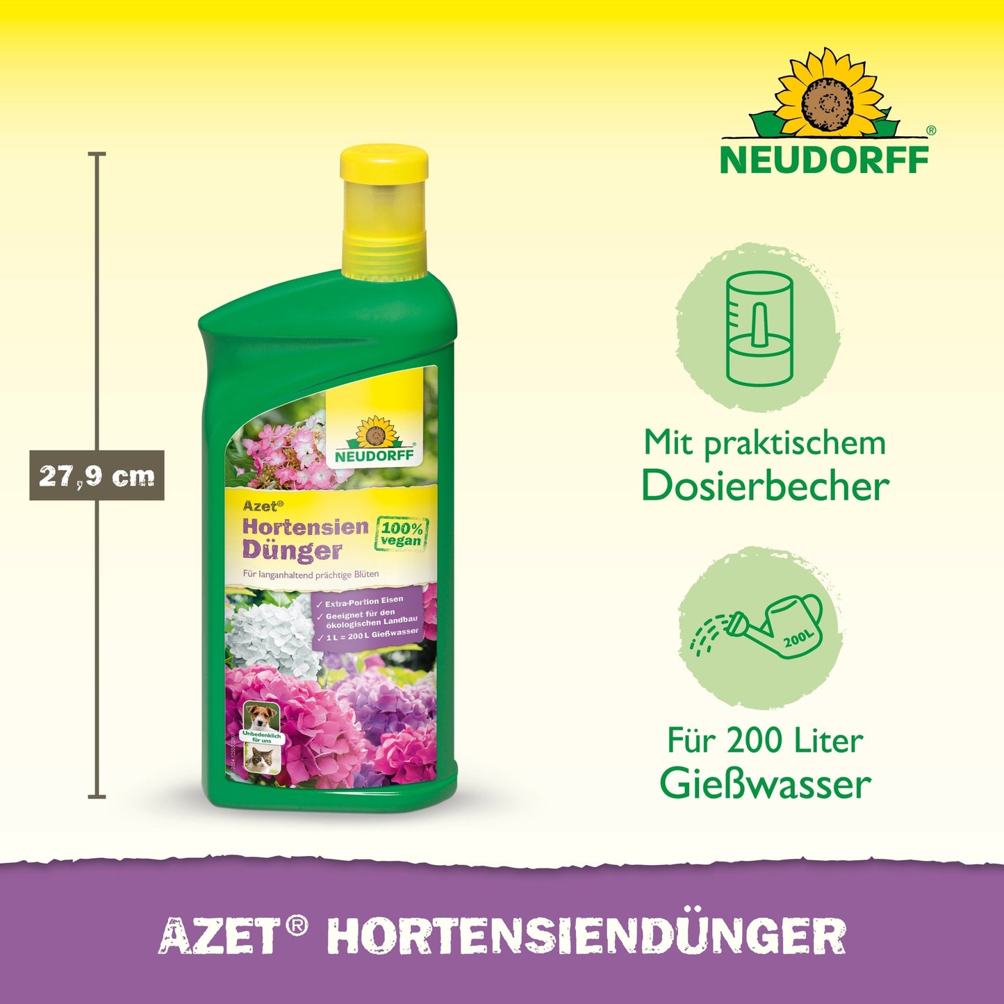 Zielona butelka płynnego nawozu do hortensji Neudorff Shop Azet o wysokości 27,9 cm z żółtą nakrętką, praktycznym miarką i etykietą z różowymi hortensjami; wystarczająco, aby wymieszać 200 litrów roztworu nawozowego.