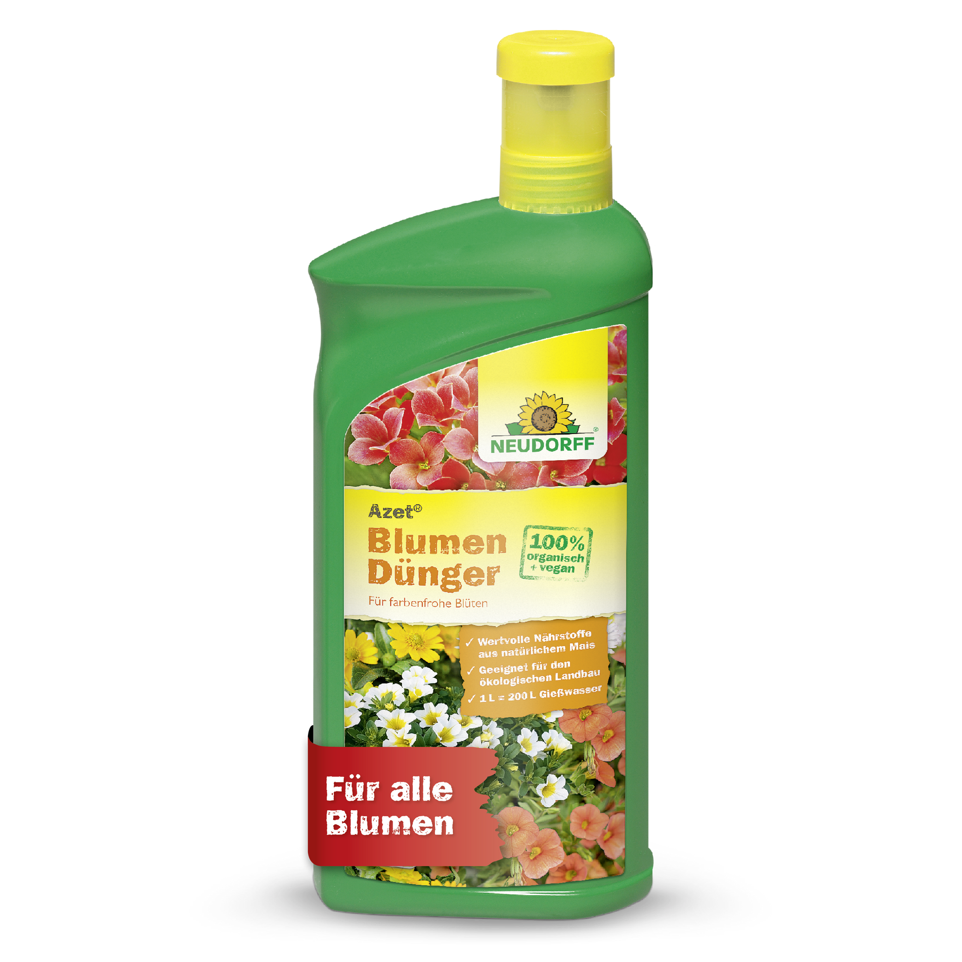 Eine grüne Plastikflasche Neudorff Shop Azet BlumenDünger flüssig mit gelber Kappe, Blumenetikett, deutschem Text und einer "100% Bio"-Plakette. Dieser Flüssigdünger unterstützt das gesunde Wachstum aller Blumen.