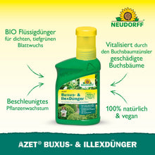 Butelka płynnego nawozu Azet Buxus- & IlexDünger od Neudorff Shop stoi na zielonej powierzchni. Tekst podkreśla organiczną, 100% naturalną i wegańską formułę, która wspomaga wzrost i rewitalizuje bukszpan oraz inne zimozielone rośliny doniczkowe.