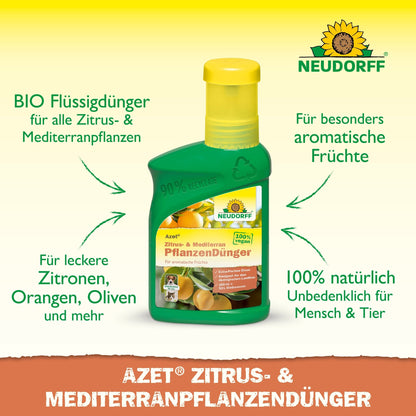 Zielono-żółta butelka Neudorff Shop Azet Zitrus- & MediterranpflanzenDünger płynny z niemieckim tekstem reklamuje swoją organiczną formułę, idealną dla roślin śródziemnomorskich, takich jak cytrusy i oleandry.